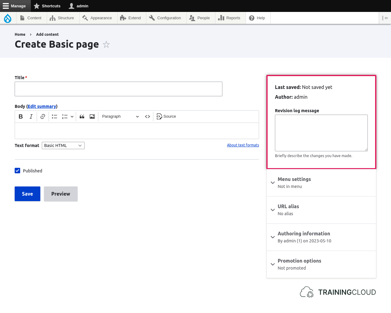 Node edit form with the metadata settings highlighted.