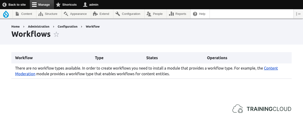 A screenshot of Drupal 10 Workflows configuration screen with no workflow options