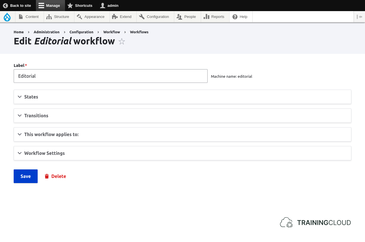 A screenshot of the Drupal 10 editorial Workflows options