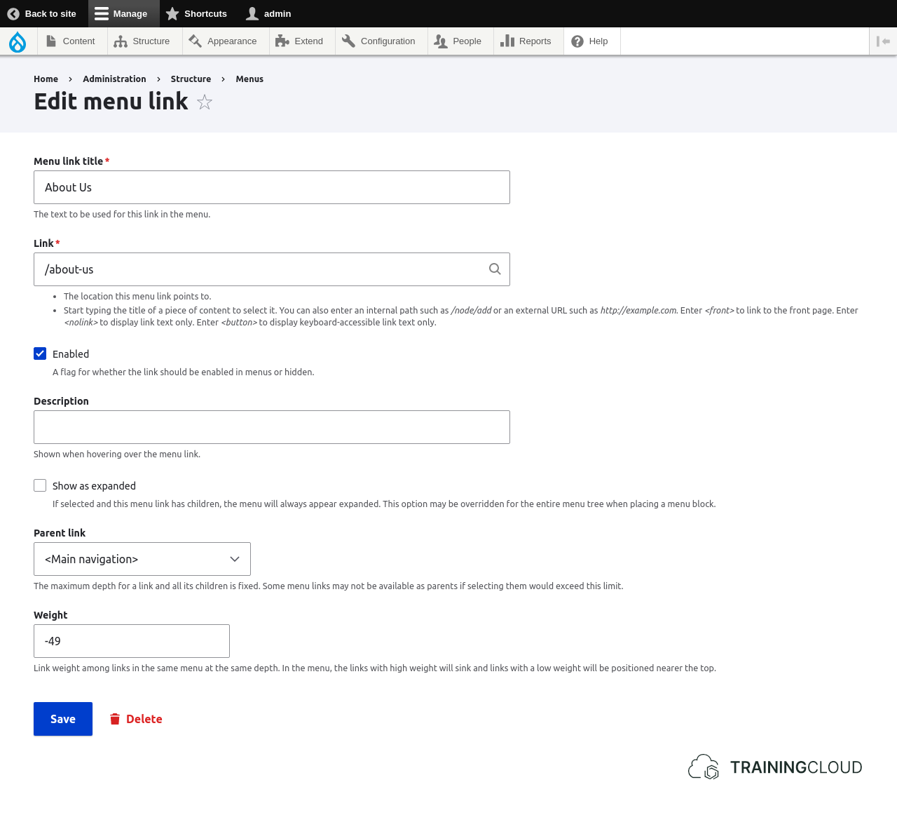 A screenshot of the the options for editing a menu link in Drupal 10.