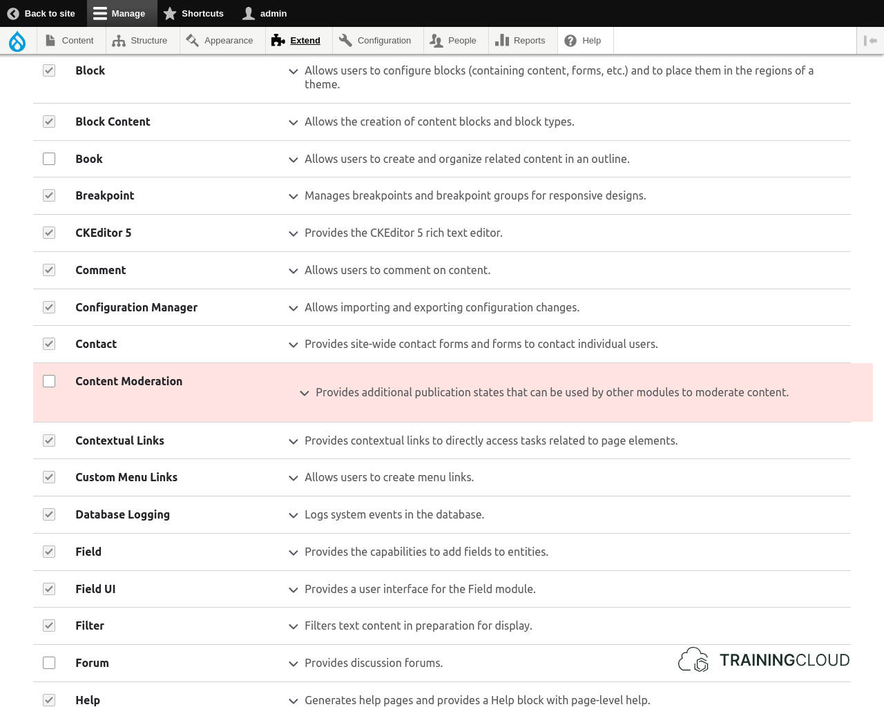 A screenshot of Drupal 10 modules with Content Moderation module highlighted