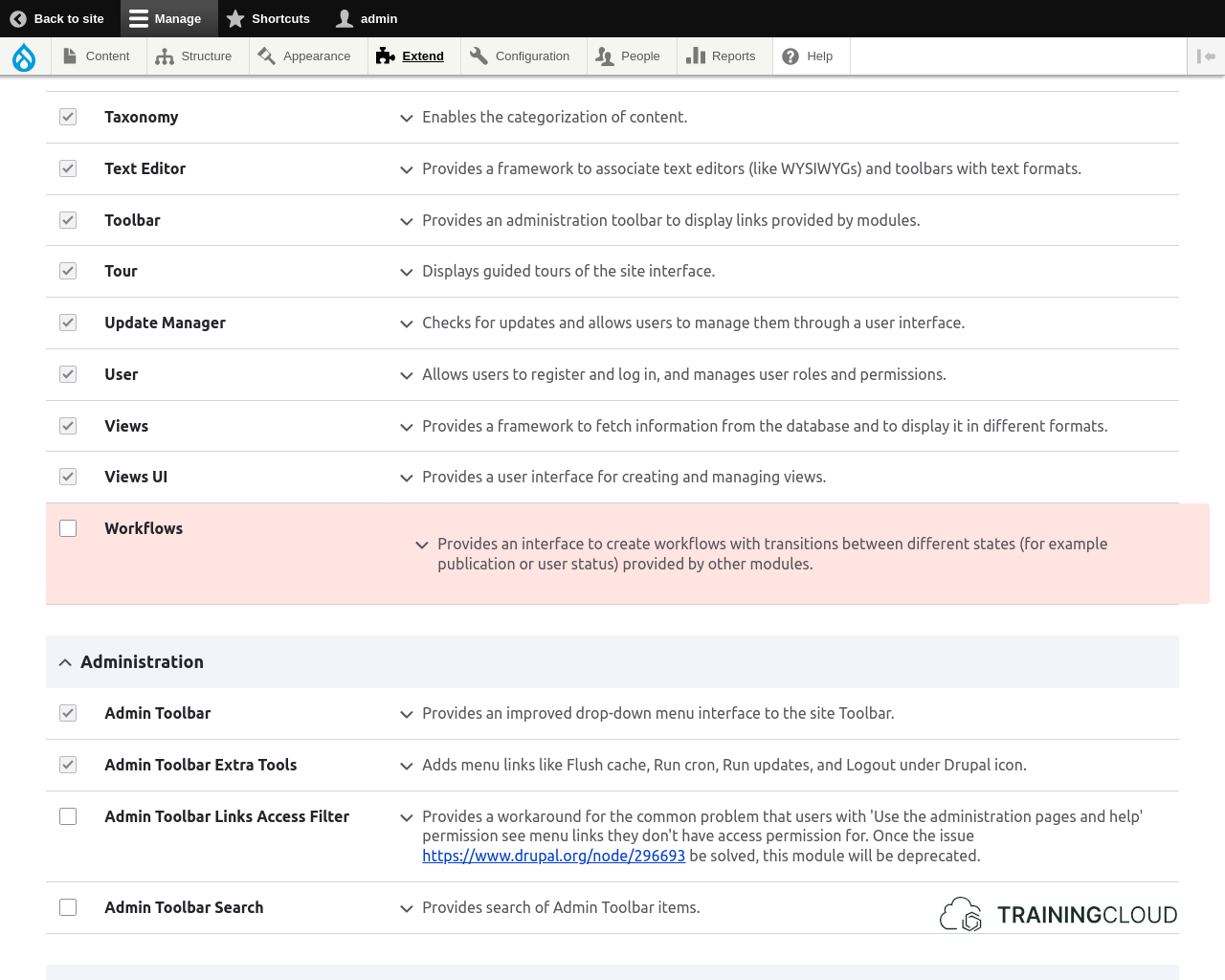 Screenshot of Drupal 10 modules with Workflows module highlighted