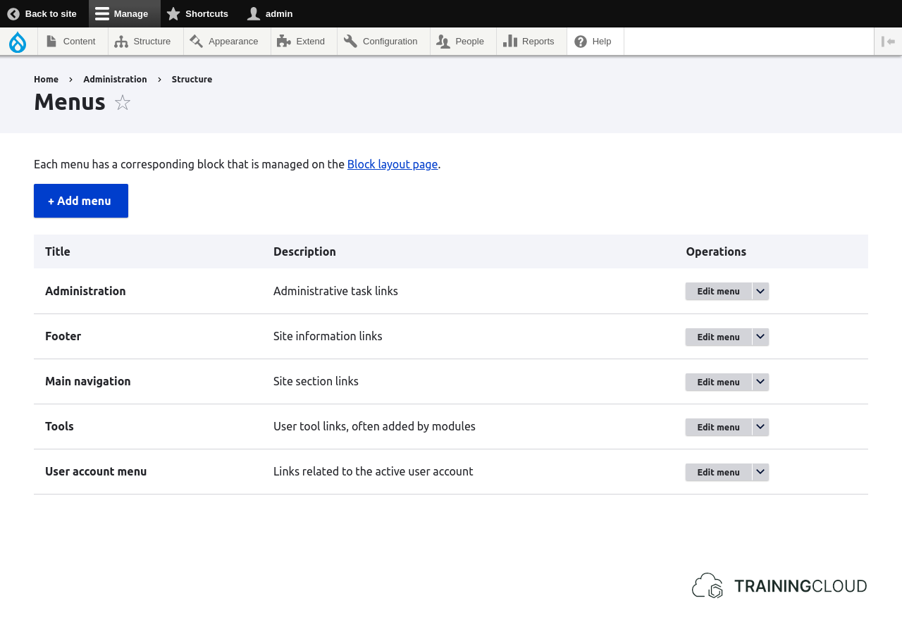 A screenshot of the drupal 10 default menus