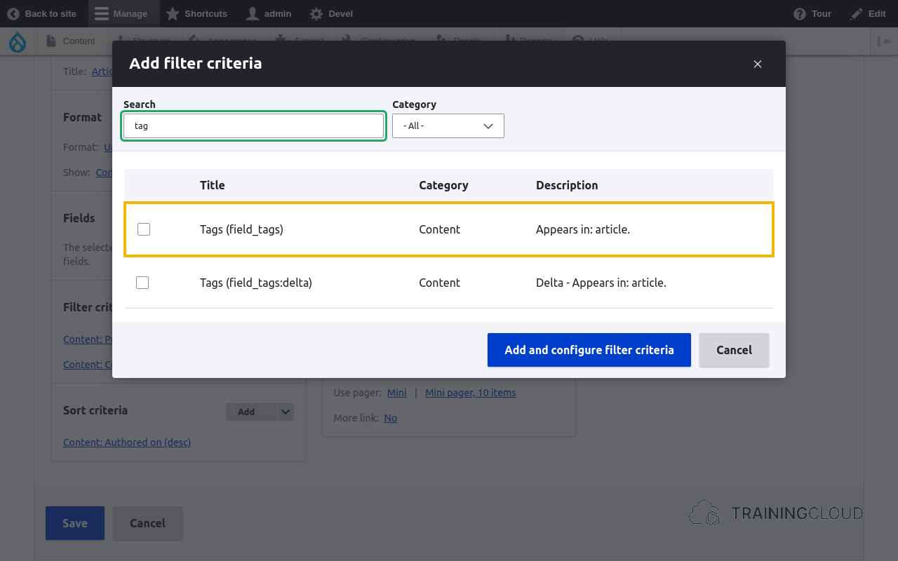 A screenshot of the filter criteria on a Drupal 10 view with a filter highlighted.