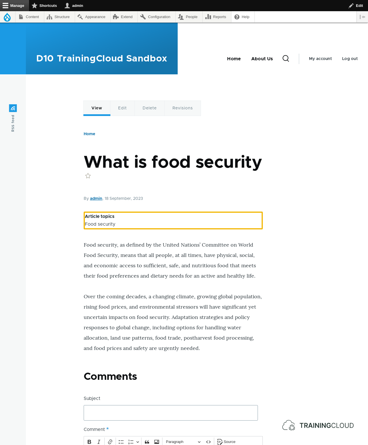 A screenshot of a Drupal 10 article with a taxonomy reference field moved to the top and highlighted