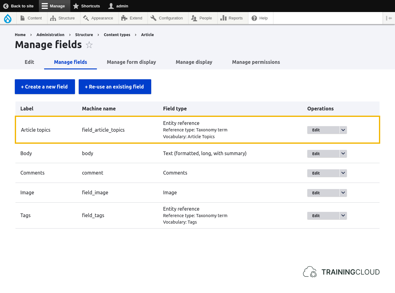 A screenshot of a Drupal 10 content type manage field page with a taxonomy reference field highlighted