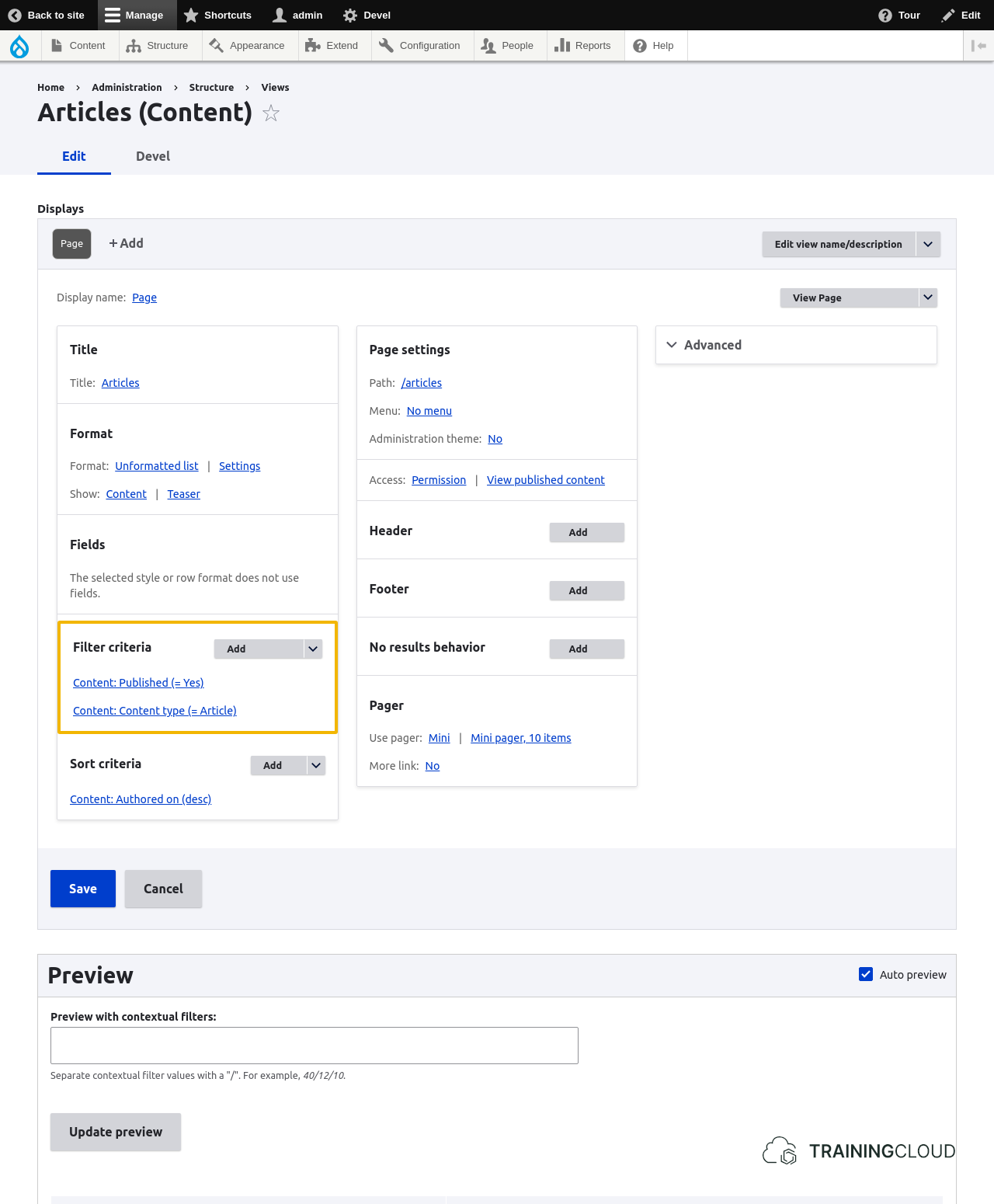 A screenshot of a Drupal 10 content view configuration page with the filter criteria highlighted.