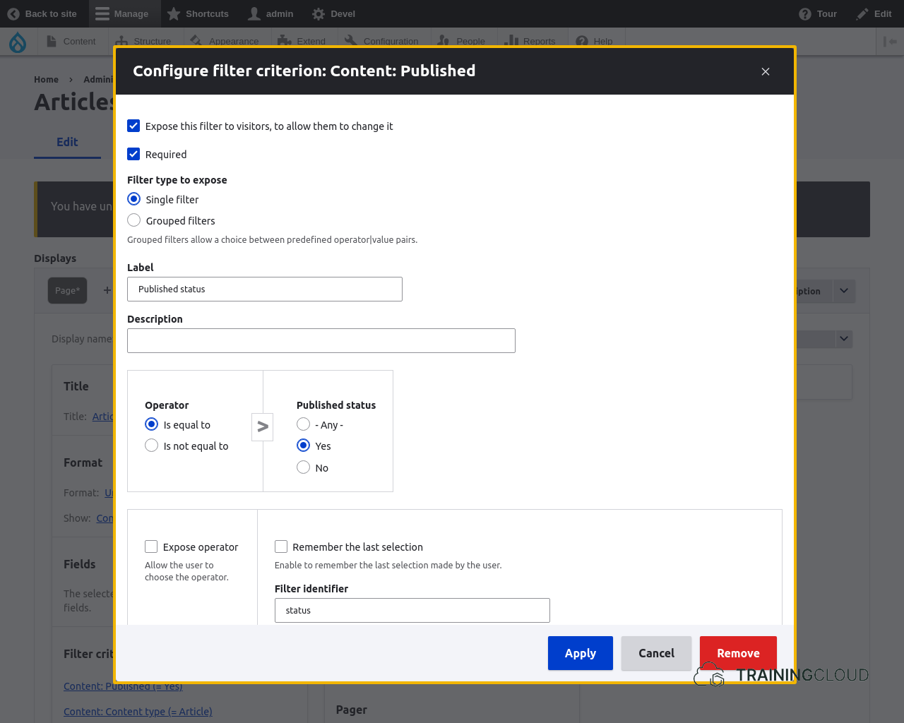 A screenshot of a Drupal 10 view configuration page with the "configure filter criterion" modal open and highlighted.
