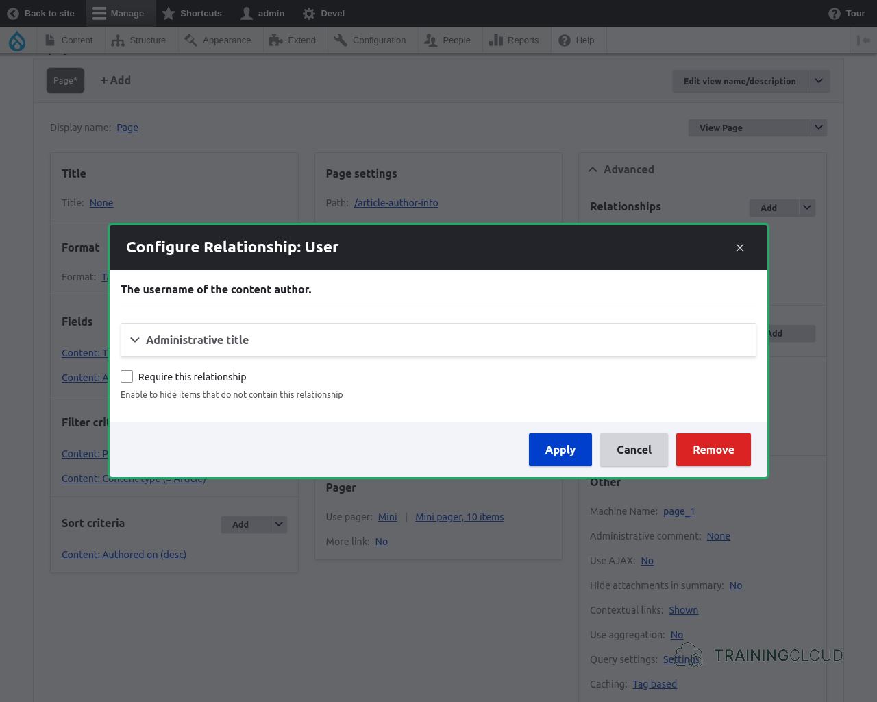 A screenshot of the configure relationship settings modal in a Drupal 10 view.