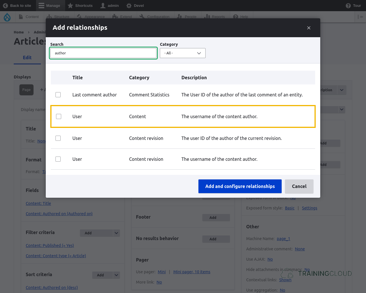 A screenshot of the add new relationship modal in a Drupal 10 view with a relationship highlighted.