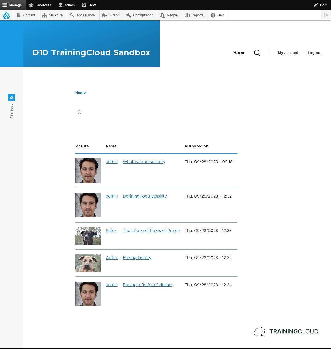 A screenshot of a Drupal 10 page view of articles displayed along with their authors information.