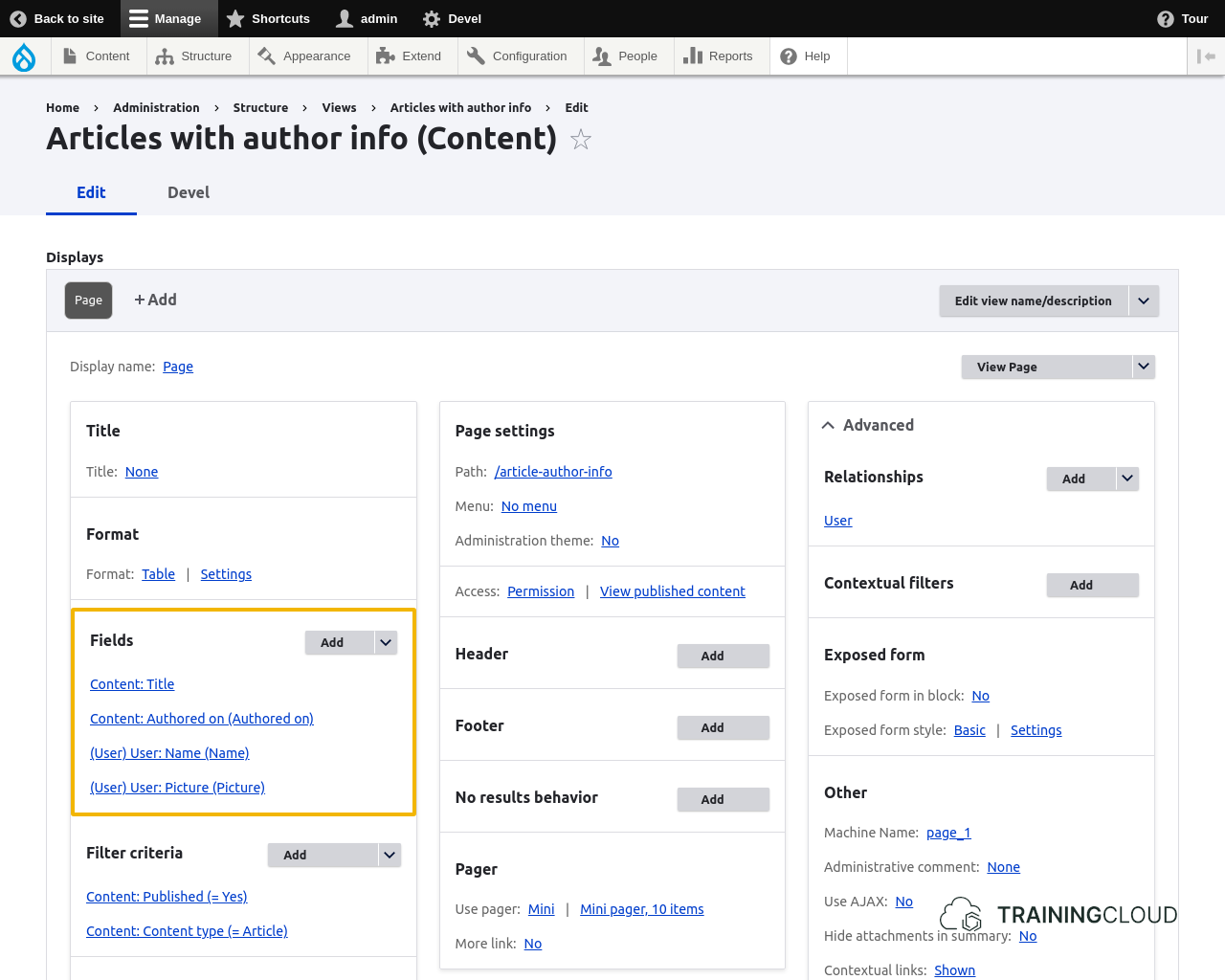 A screenshot of a Drupal 10 view with the fields options highlighted.
