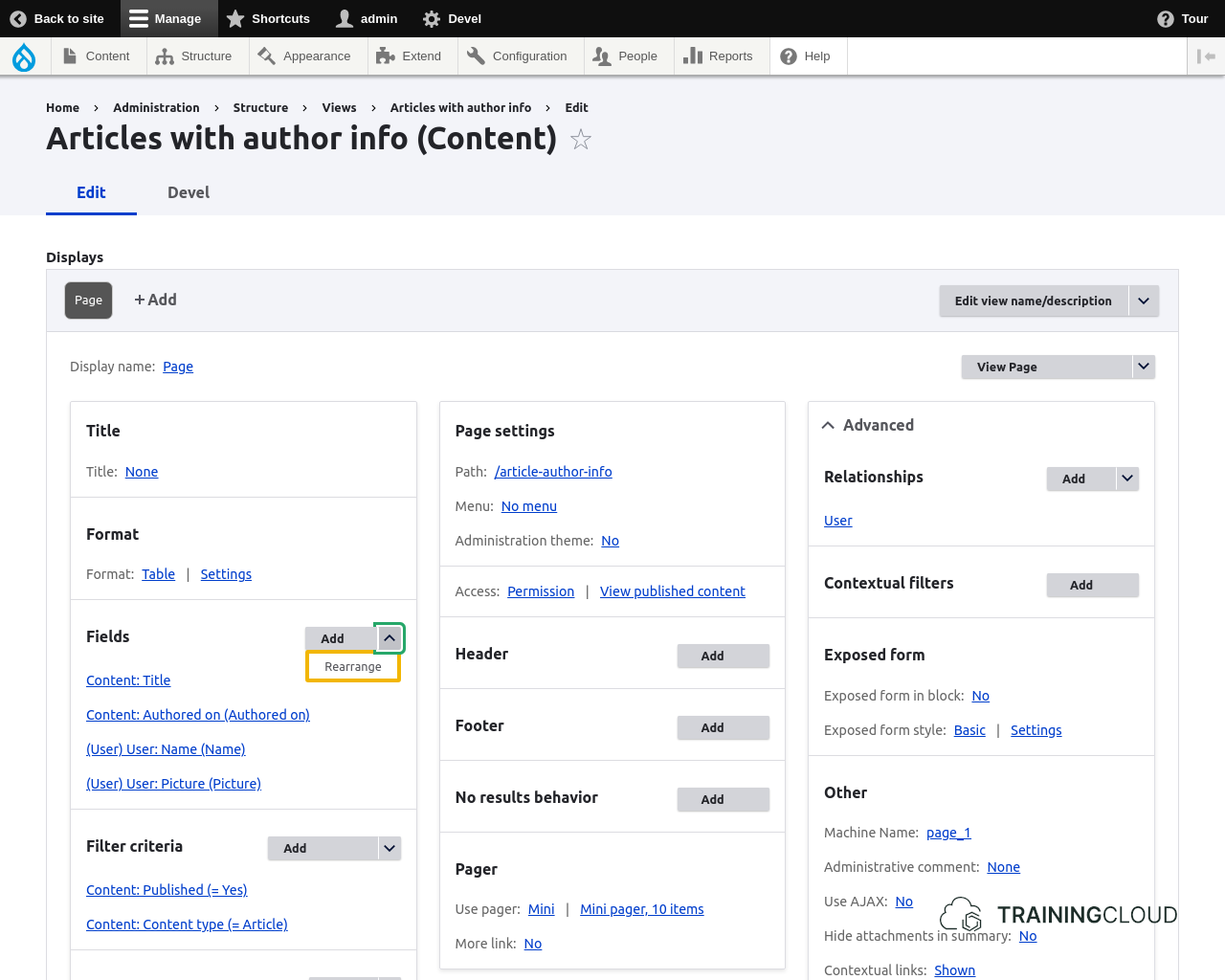 A screenshot of a Drupal 10 view with the rearrange fields option highlighted.