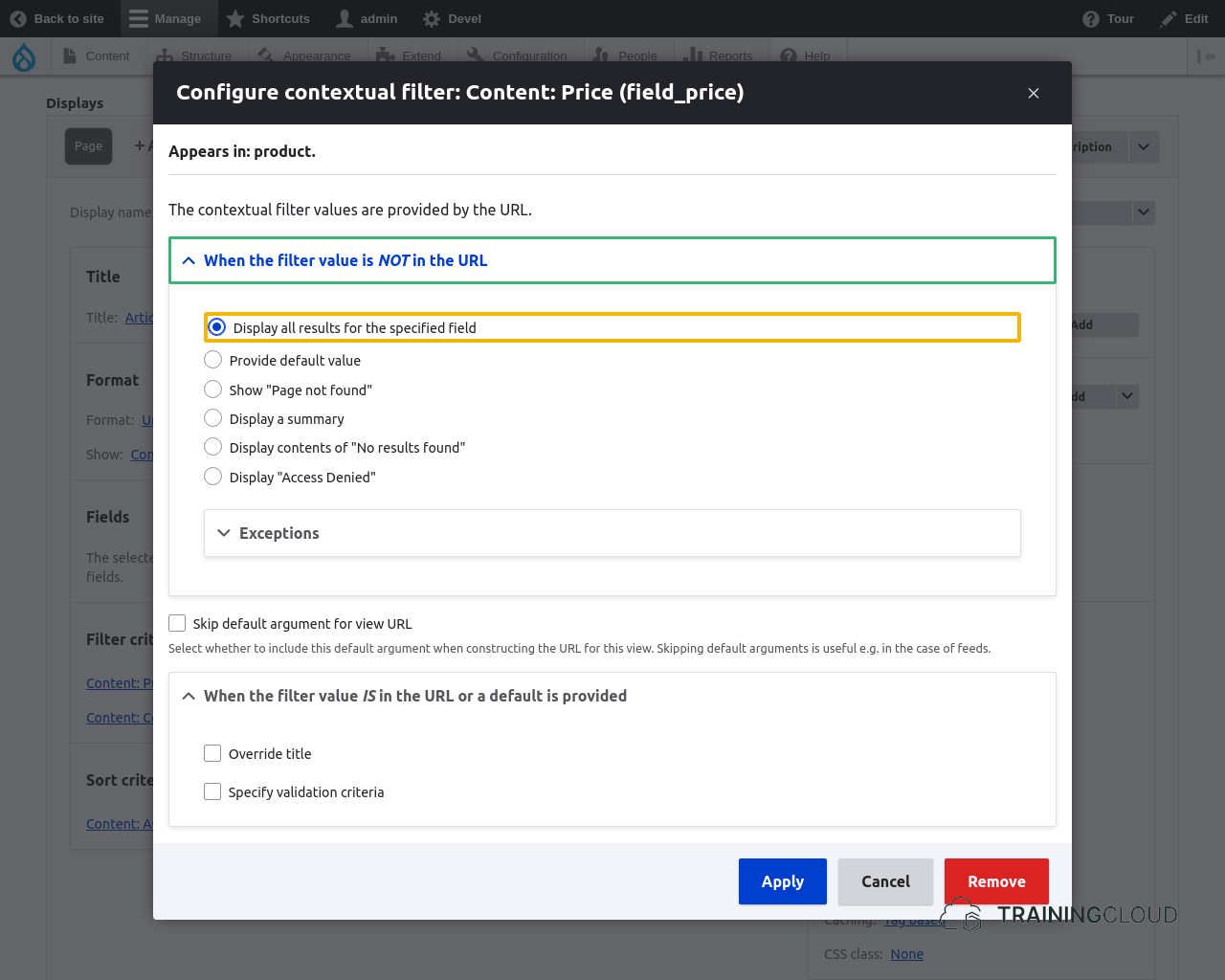 A screenshot of the contextual filter configuration modal with a filter option highlighted in a Drupal 10 view.