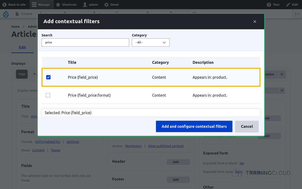 The modal for adding a contextual filter in a Drupal 10 view with a contextual filter highlighted.