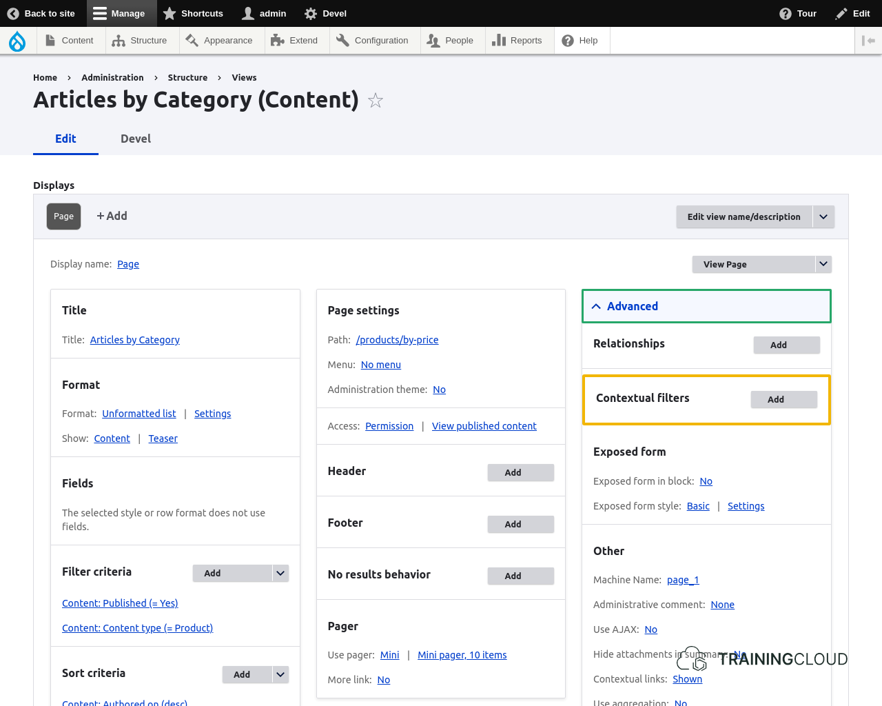 A screenshot of a Drupal view with the contextual filters configuration options highlighted.