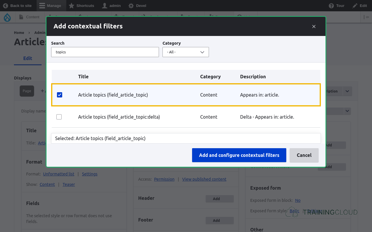 A screenshot of a Drupal 10 views add contextual filters modal with a contextual filter highlighted.
