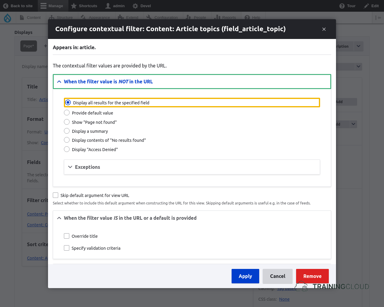 A screenshot of a Drupal 10 contextual filter configuration modal with a configuration setting highlighted.
