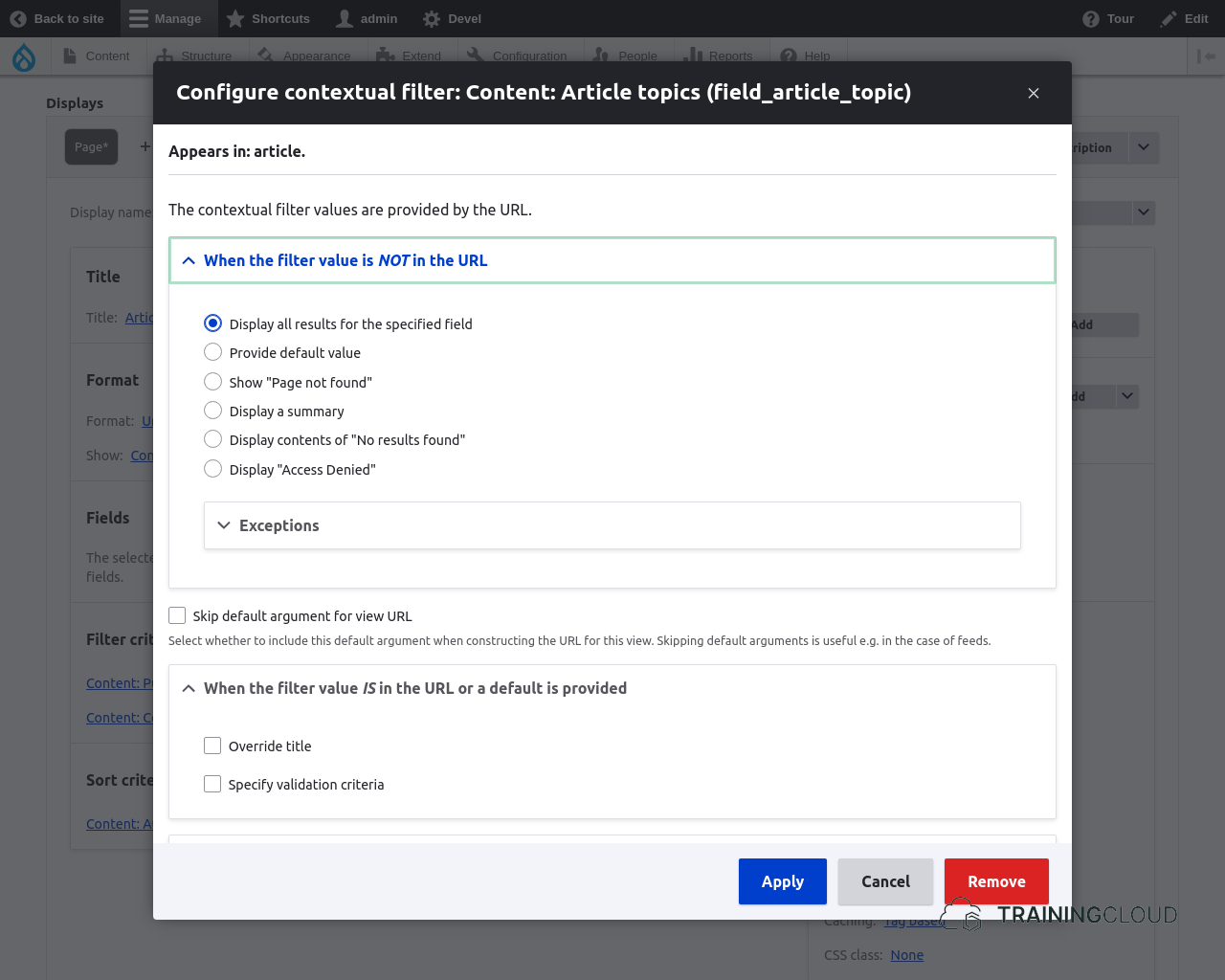 A screenshot of a Drupal 10 contextual filter configuration modal.