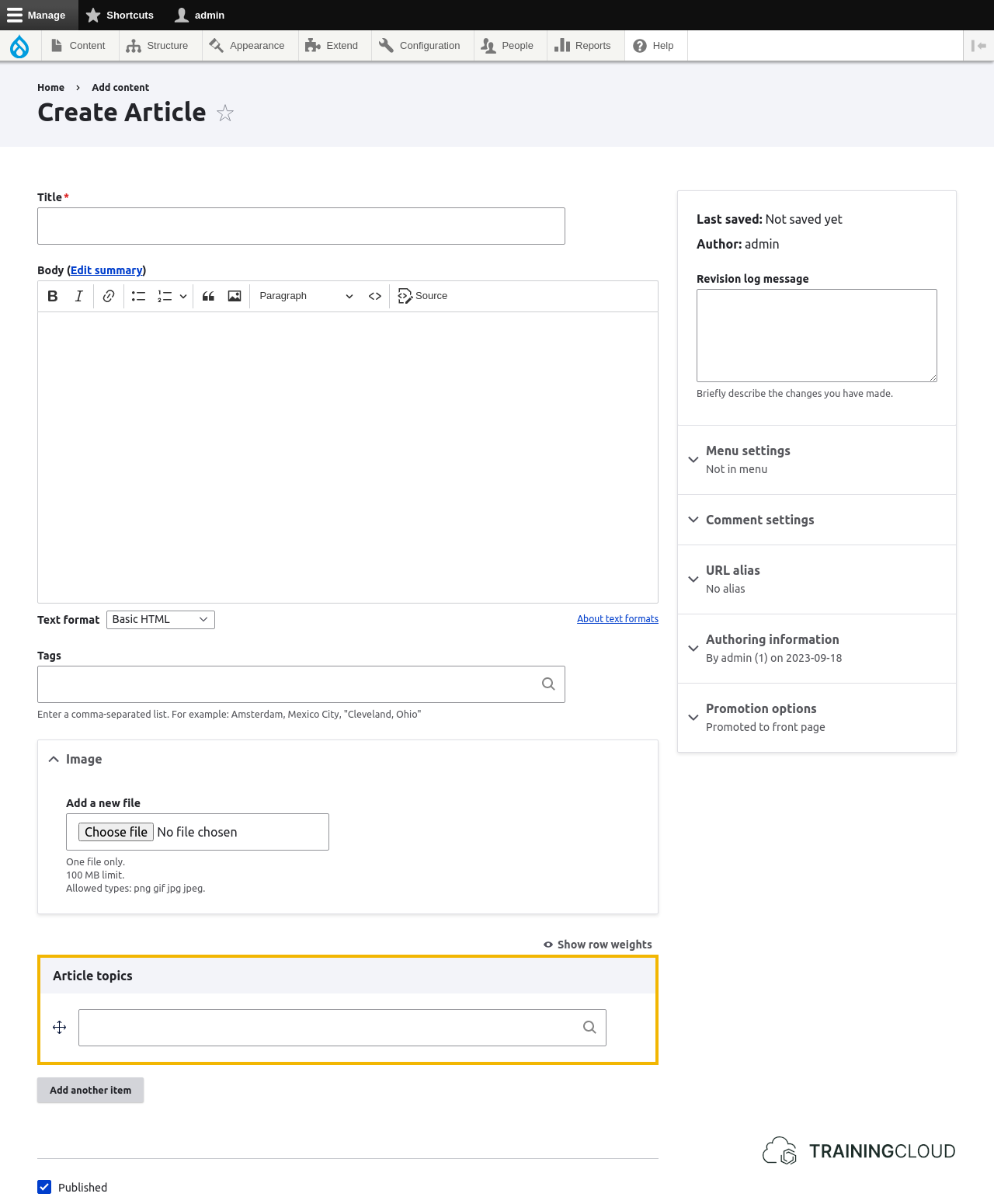 A screenshot of a Drupal 10 create article page with a taxonomy referent field highlighted