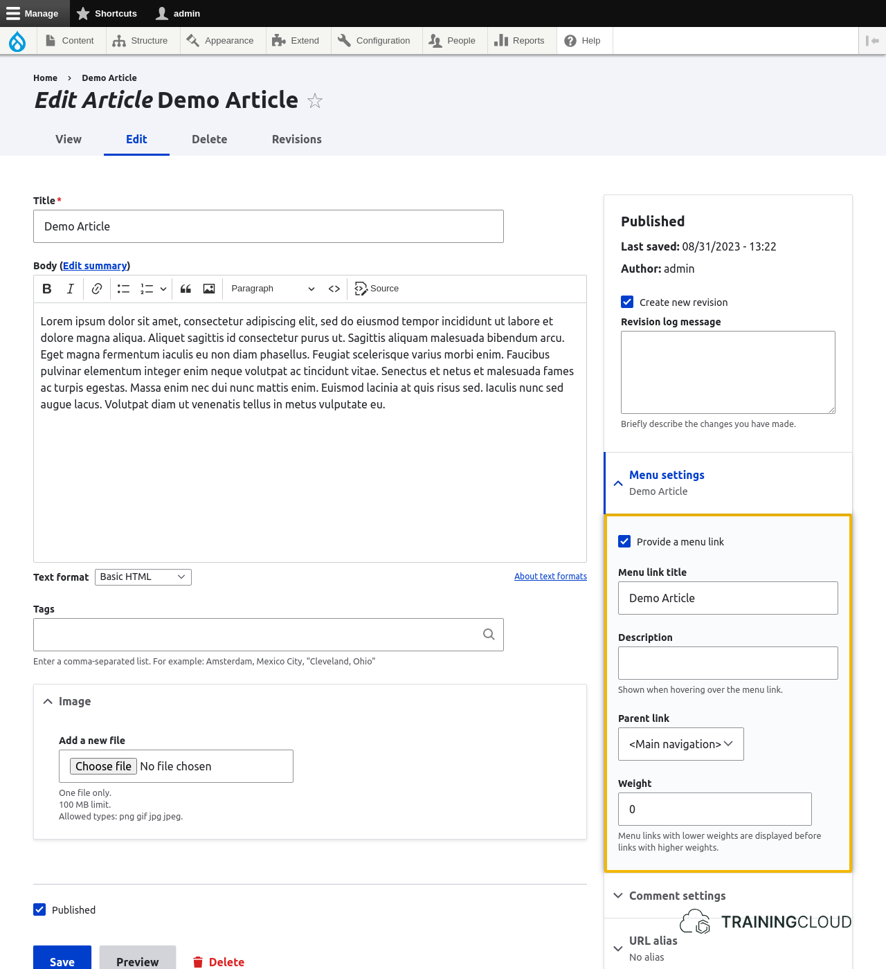 A screenshot of the Drupal 10 content editor page with the menu settings highlighted.