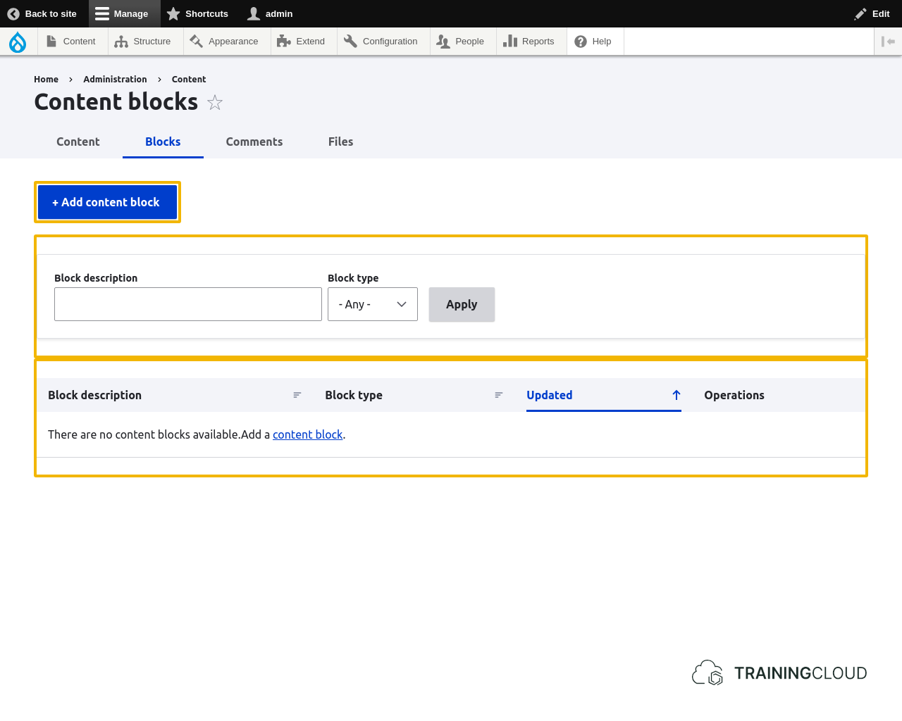 A screenshot of the Drupal 10 custom block library page.