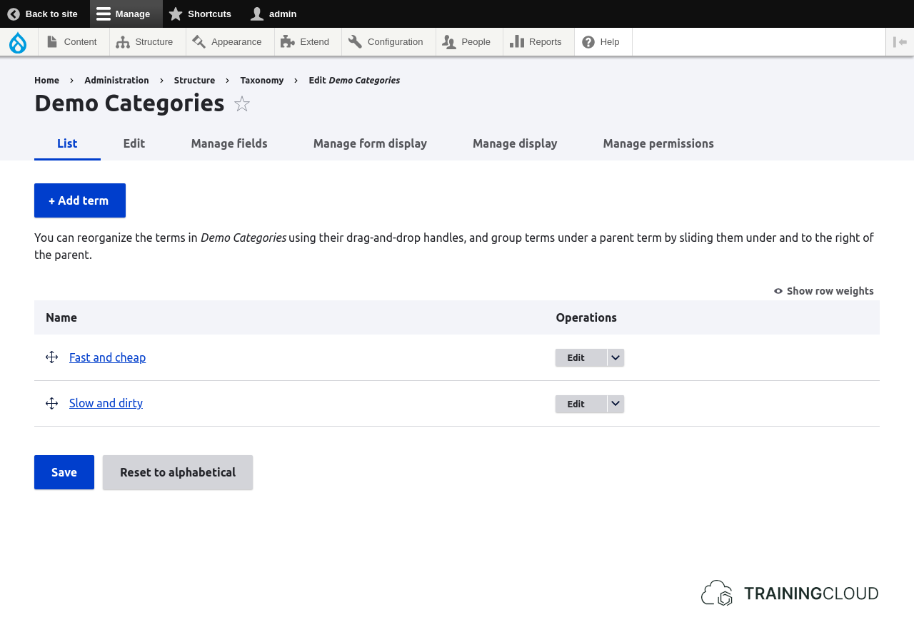 A screenshot of a Drupal 10 list of terms belonging to a taxonomy vocabulary