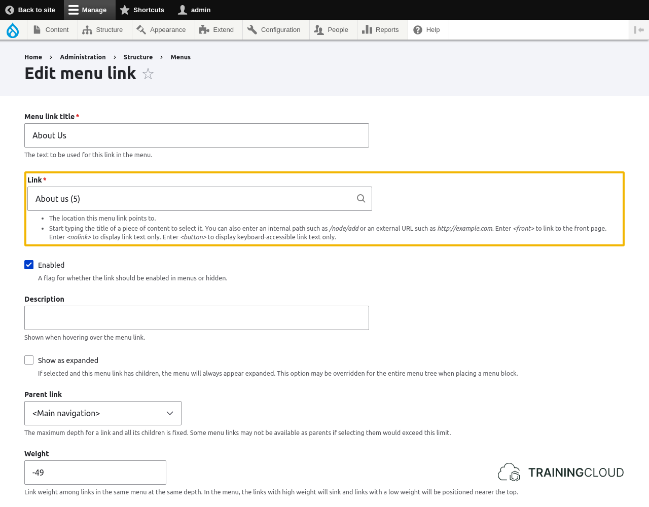 A screenshot of a Drupal 10 edit menu page with the "Link" options highlighted