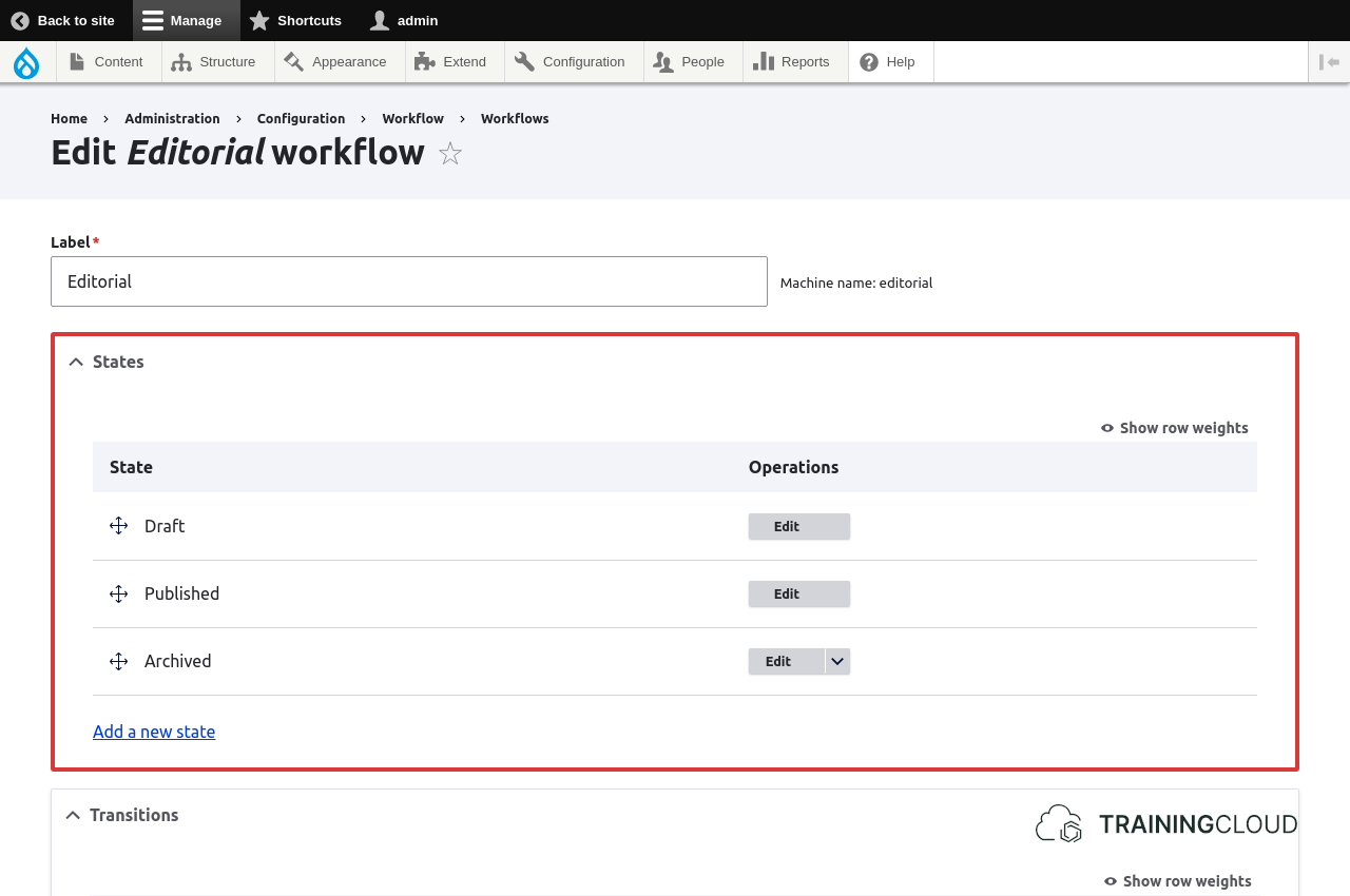 A screenshot of the Drupal 10 editorial workflow configuration settings with the workflow states being highlighted.