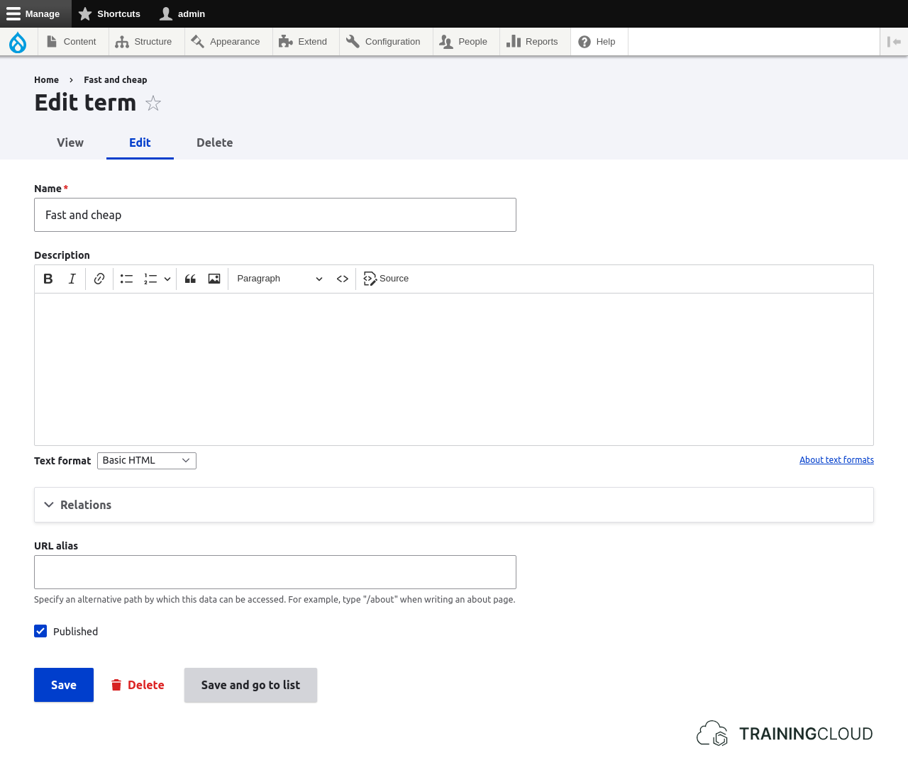 A screenshot of a Drupal 10 taxonomy term edit page