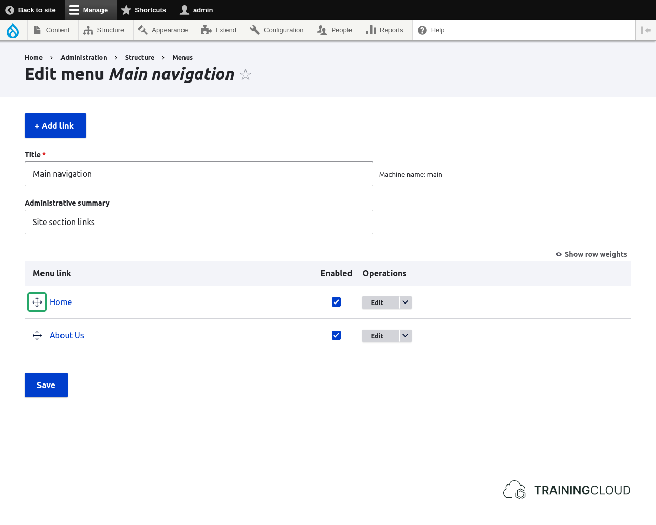 A screenshot of the Drupal 10 main navigation menu options with the 4 pointed arrow highlighted.