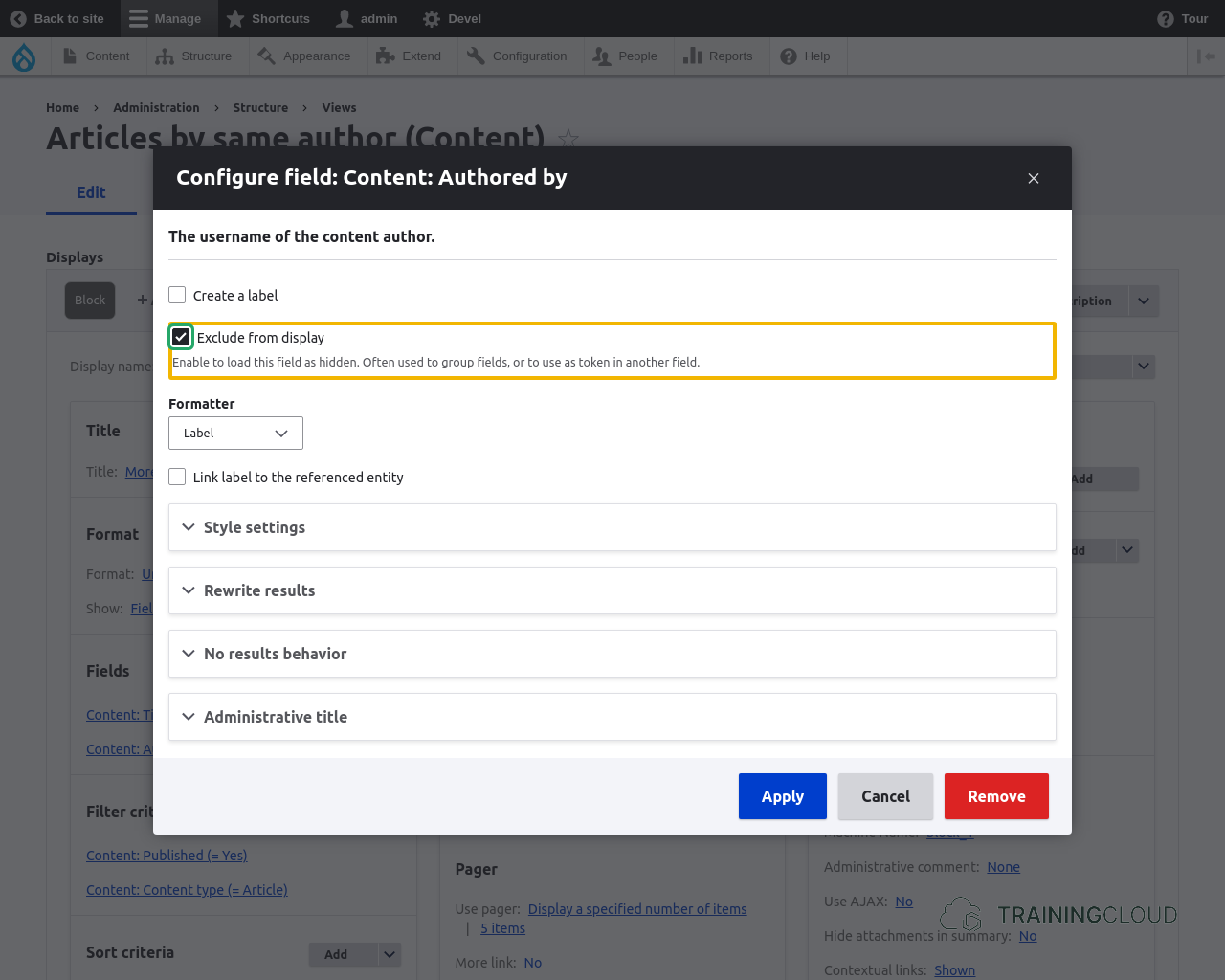 A screenshot of a field configuration modal on a Drupal 10 view, with the exclude from display option highlighted.