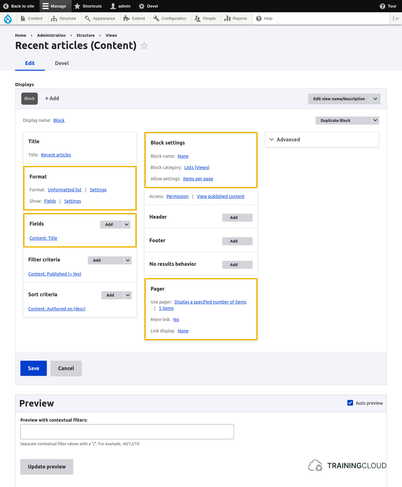 A screenshot of a Drupal 10 block view creation page with some options highlighted.