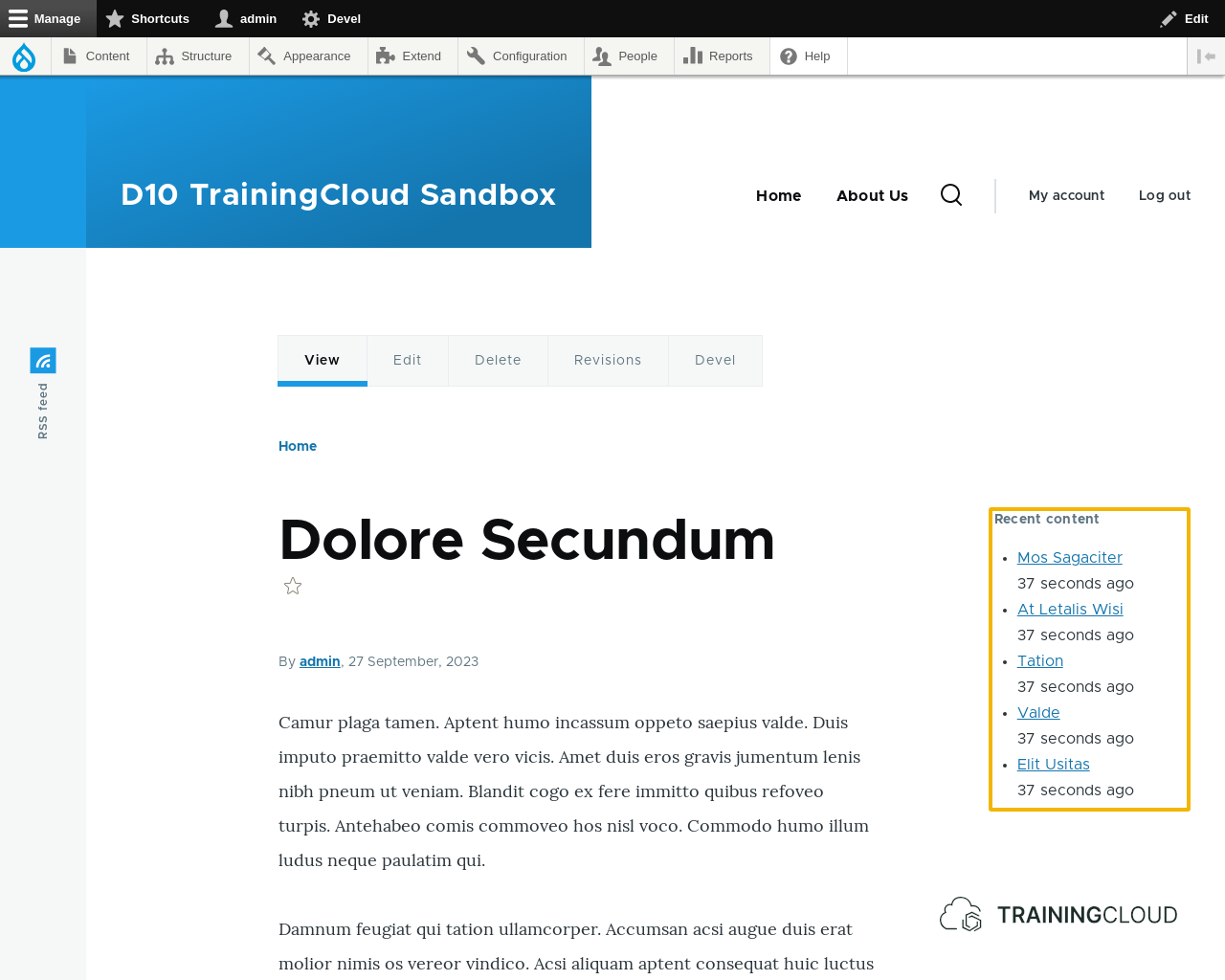 A screenshot of a Drupal 10 article page with the "Recent Content" block being displayed and highlighted.