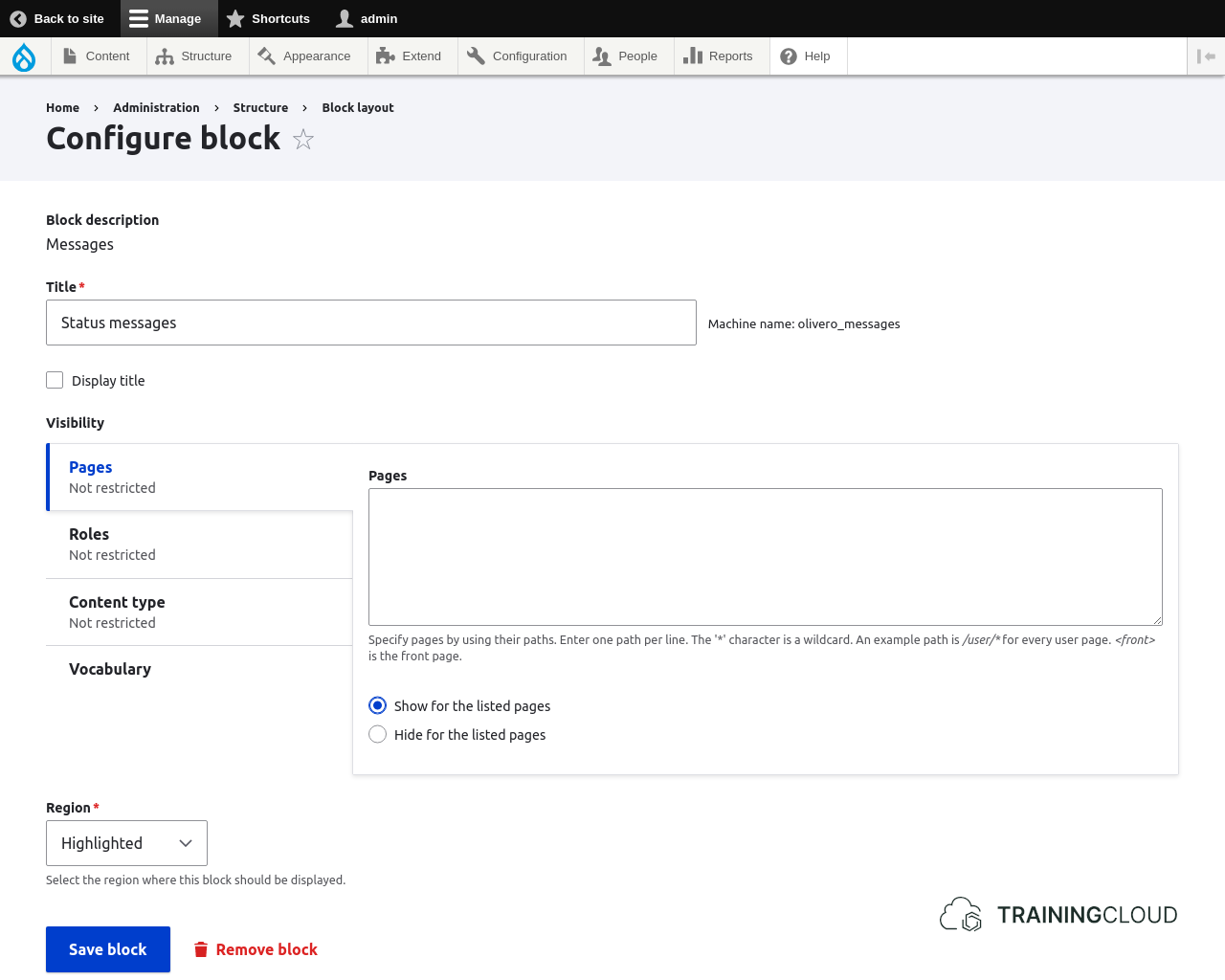 A screenshot of the Drupal 10 "Status Messages" blocks configuration options.