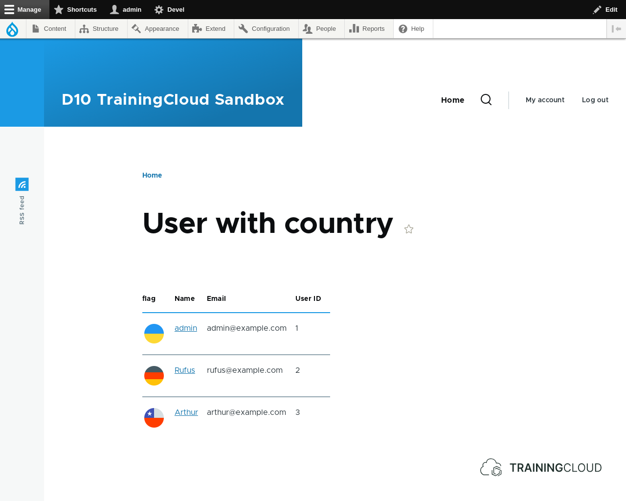 A screenshot of a Drupal 10 view page displaying users alongside the flag of their country.