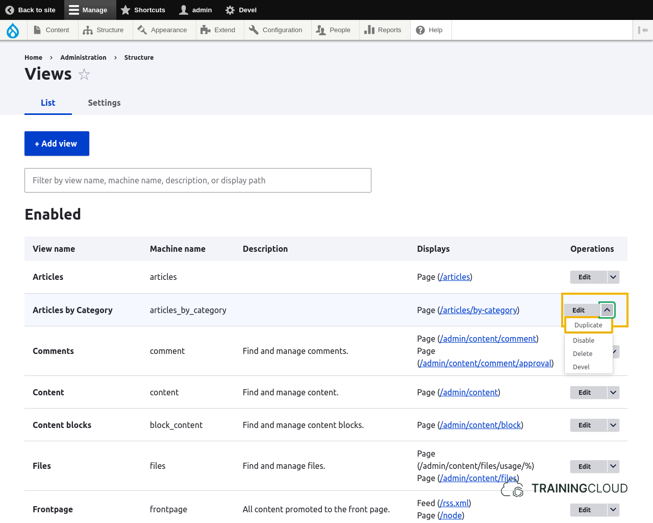 A screenshot of the Drupal 10 views page with the options for duplicating a view highlighted.