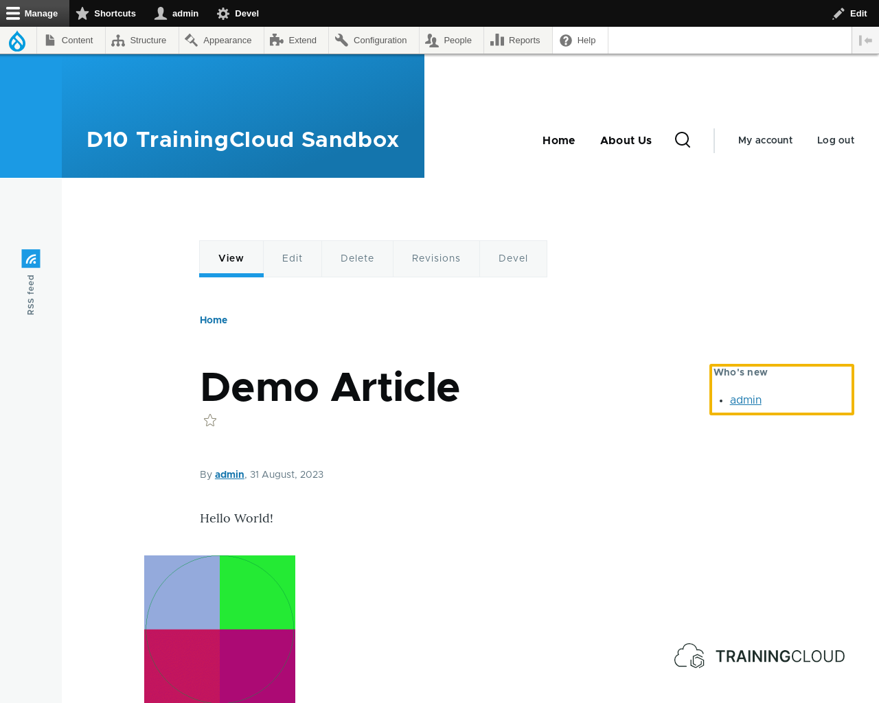 A screenshot of a Drupal 10 article page with the "Who's New" block being displayed and higlighted.