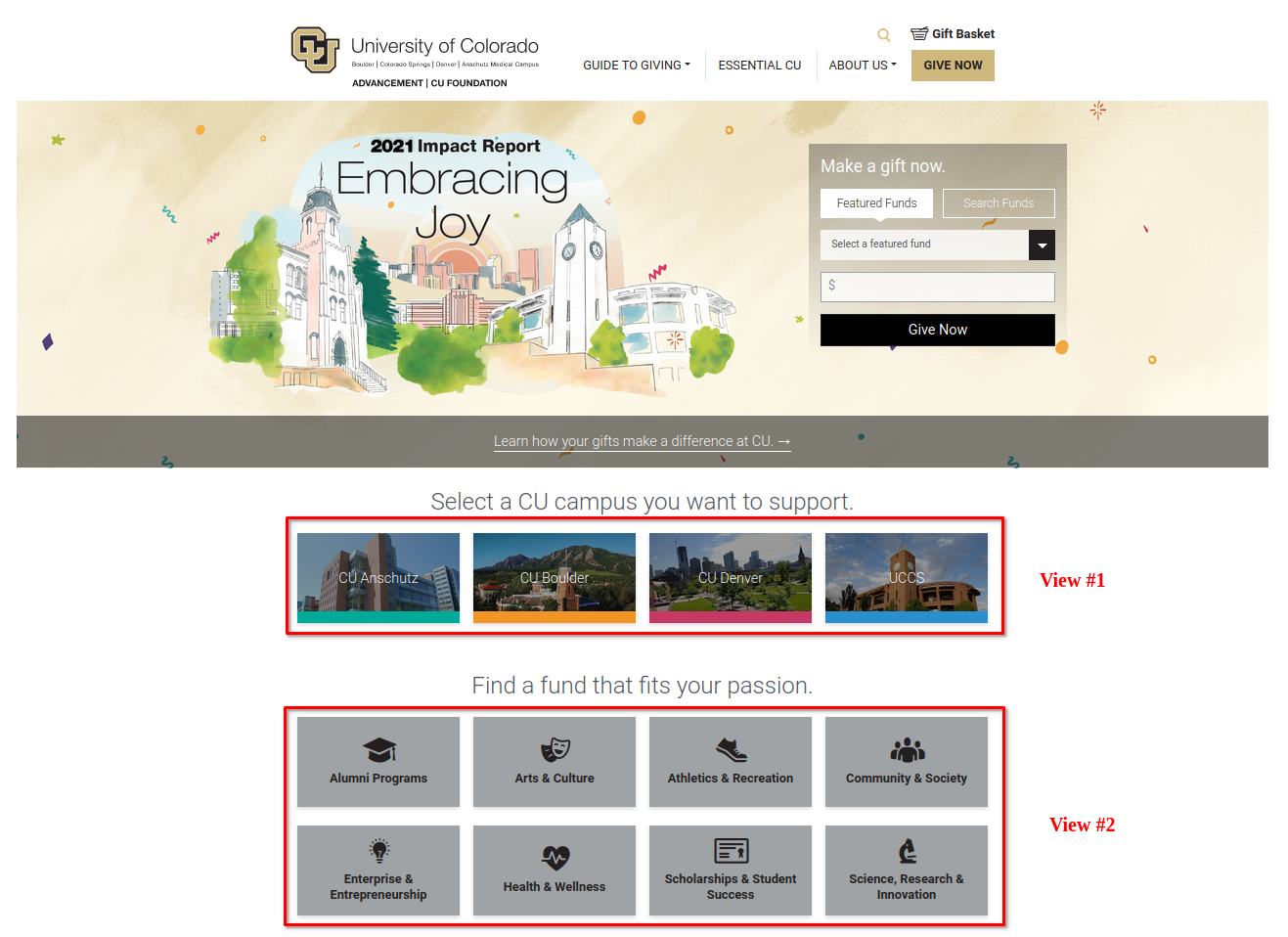 A screenshot of the University of Colorado website with some blocks highlighted.