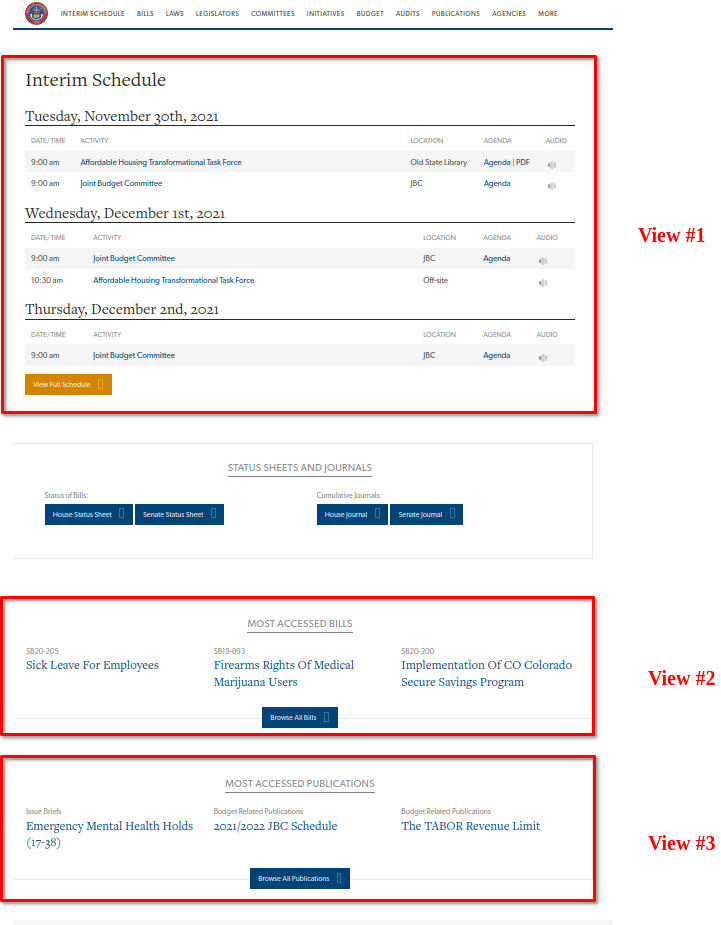 A screenshot of the Colorado Government site with some block views highlighted.