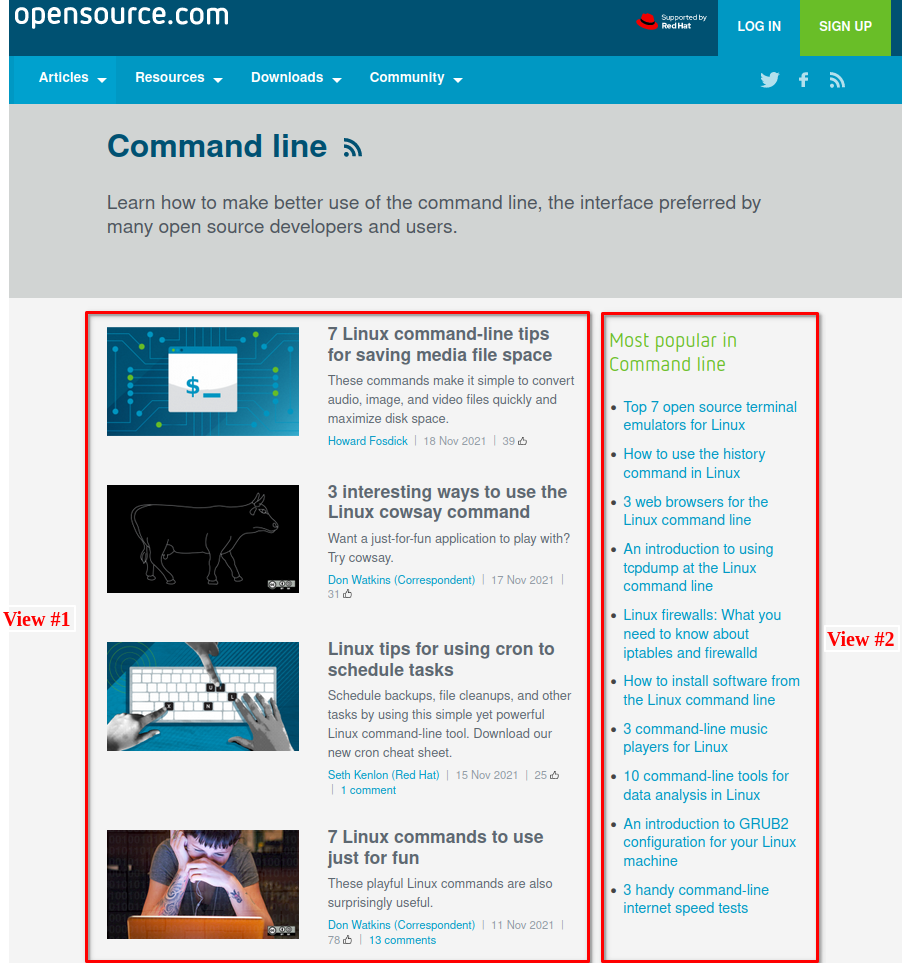 A screenshot of opensource.com with some block views highlighted.