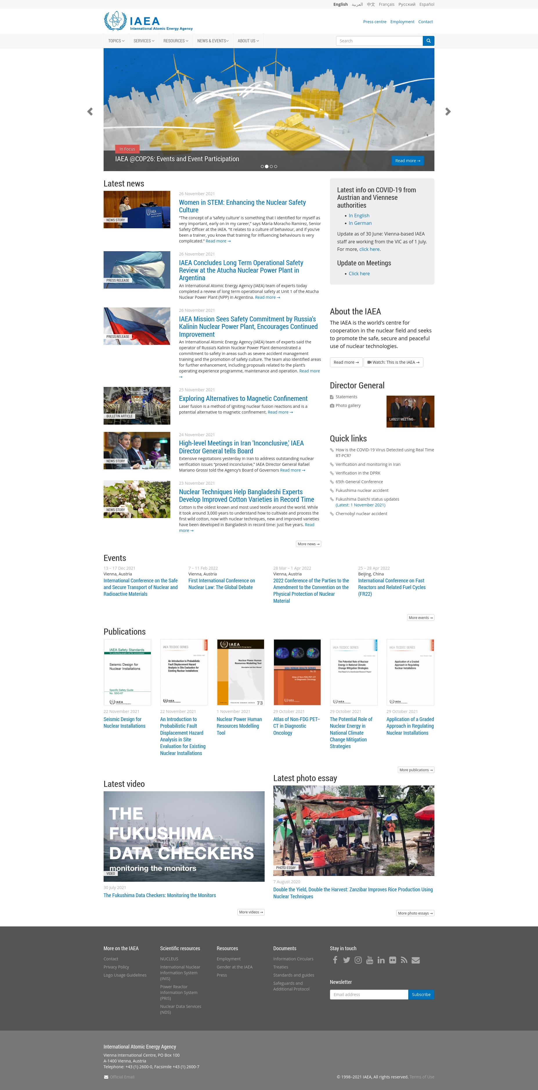 A screenshot of the International Atomic Energy Agency's website.