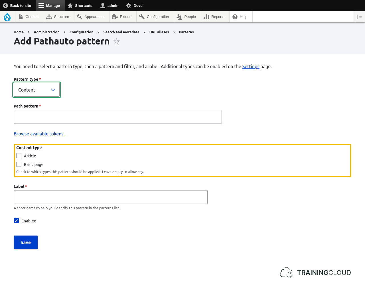 A screenshot of the add new content pathauto pattern options in Drupal 10 with the available content types highliighted.