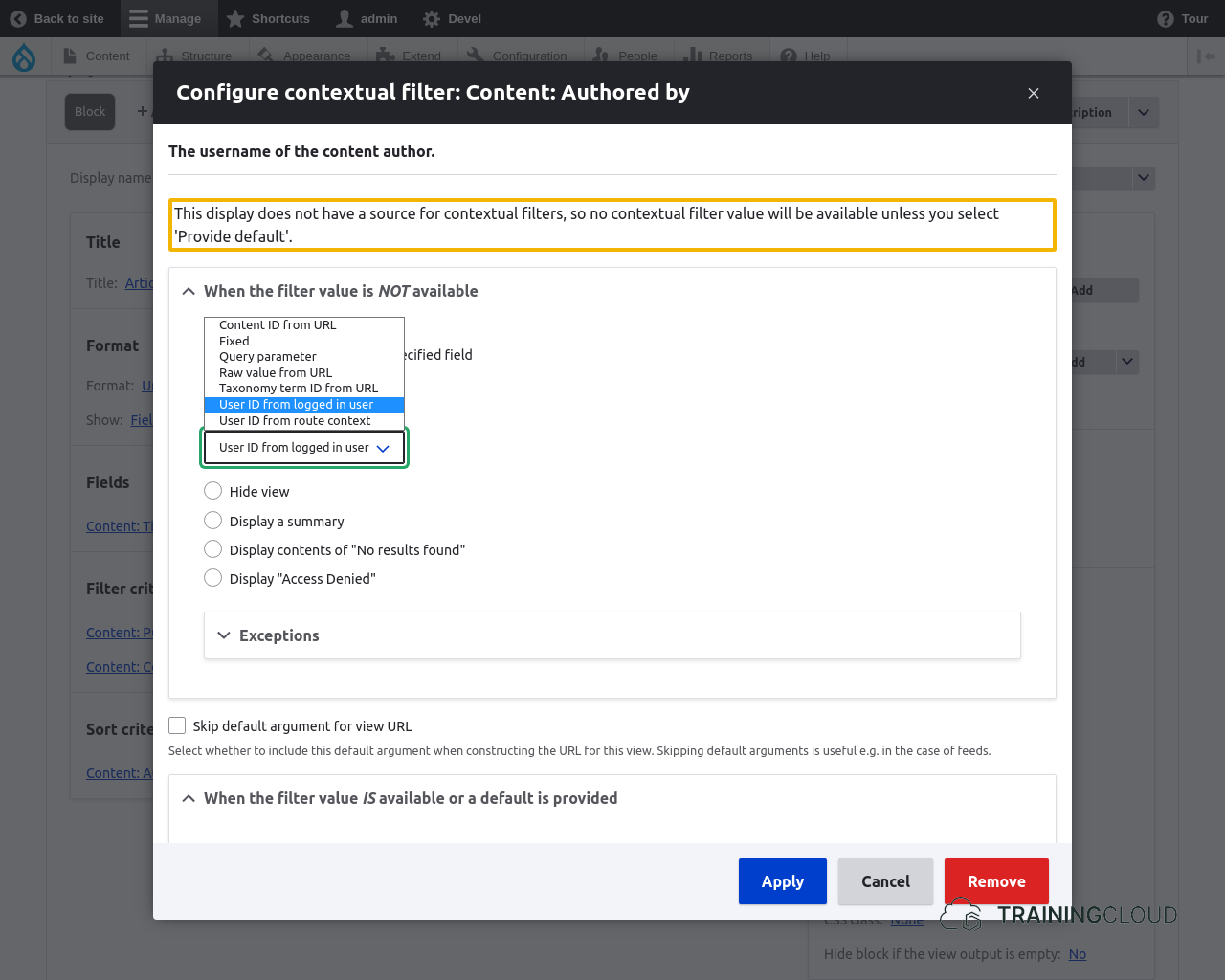 A screenshot of a Drupal 10 contextual filter configuration modal with some elements highlighted.