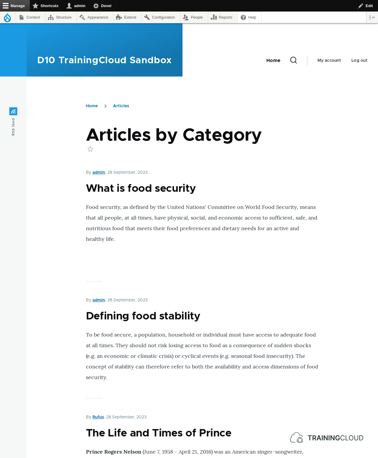 A screenshot of a Drupal 10 view results page showing articles.