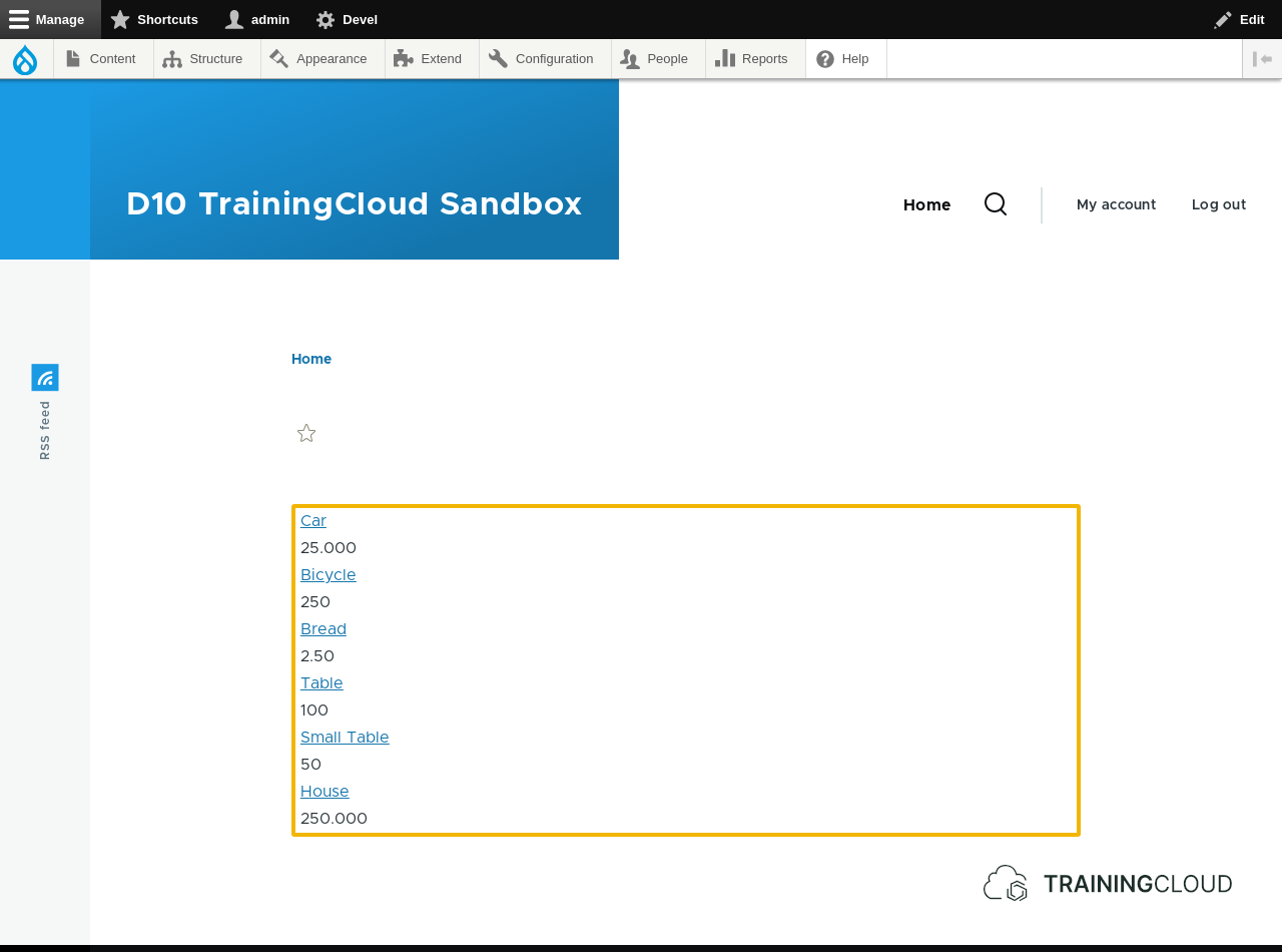 A screenshot of the output page of a Drupal 10 view with its fields highlighted.