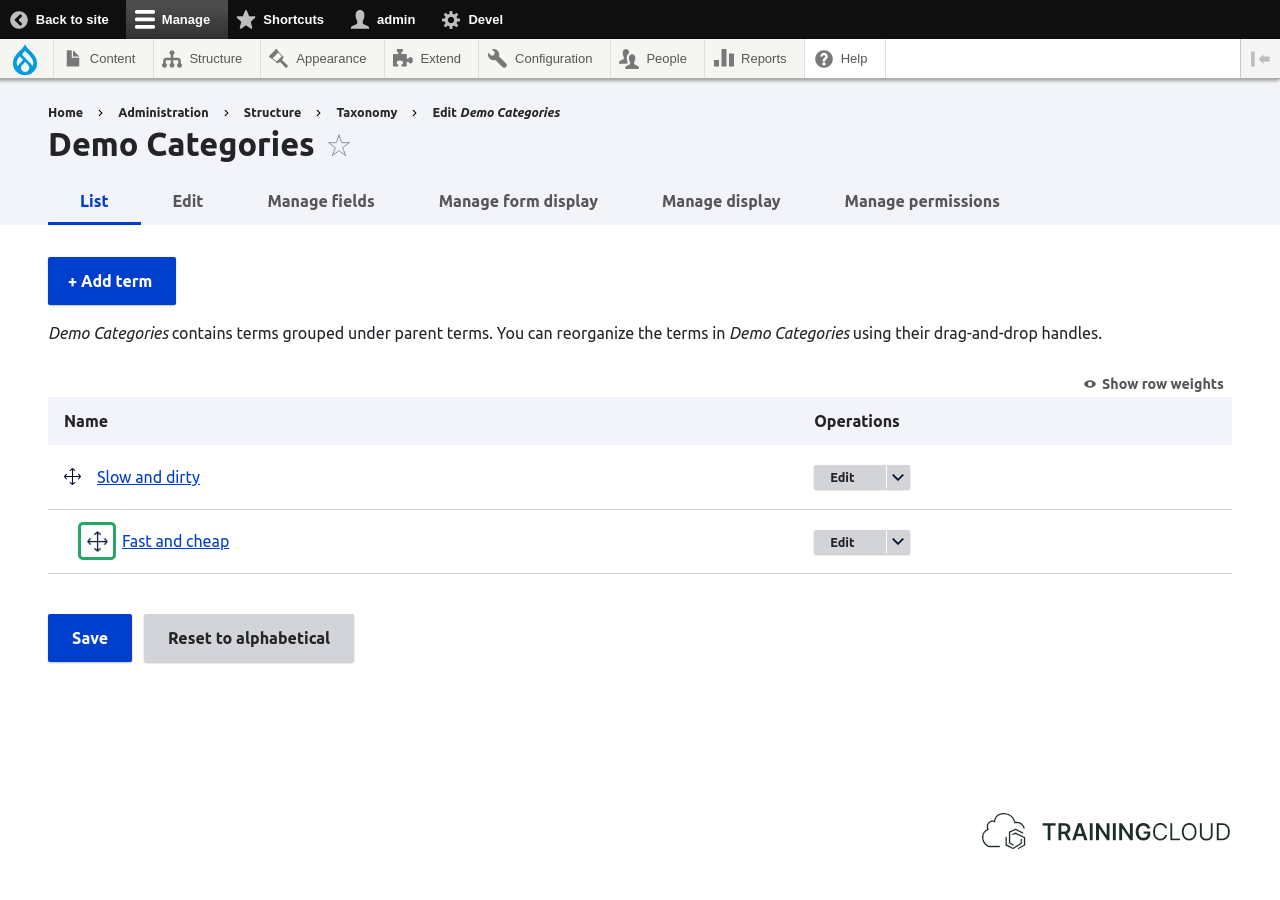 A screenshot of a Drupal 10 taxonomy terms list page.