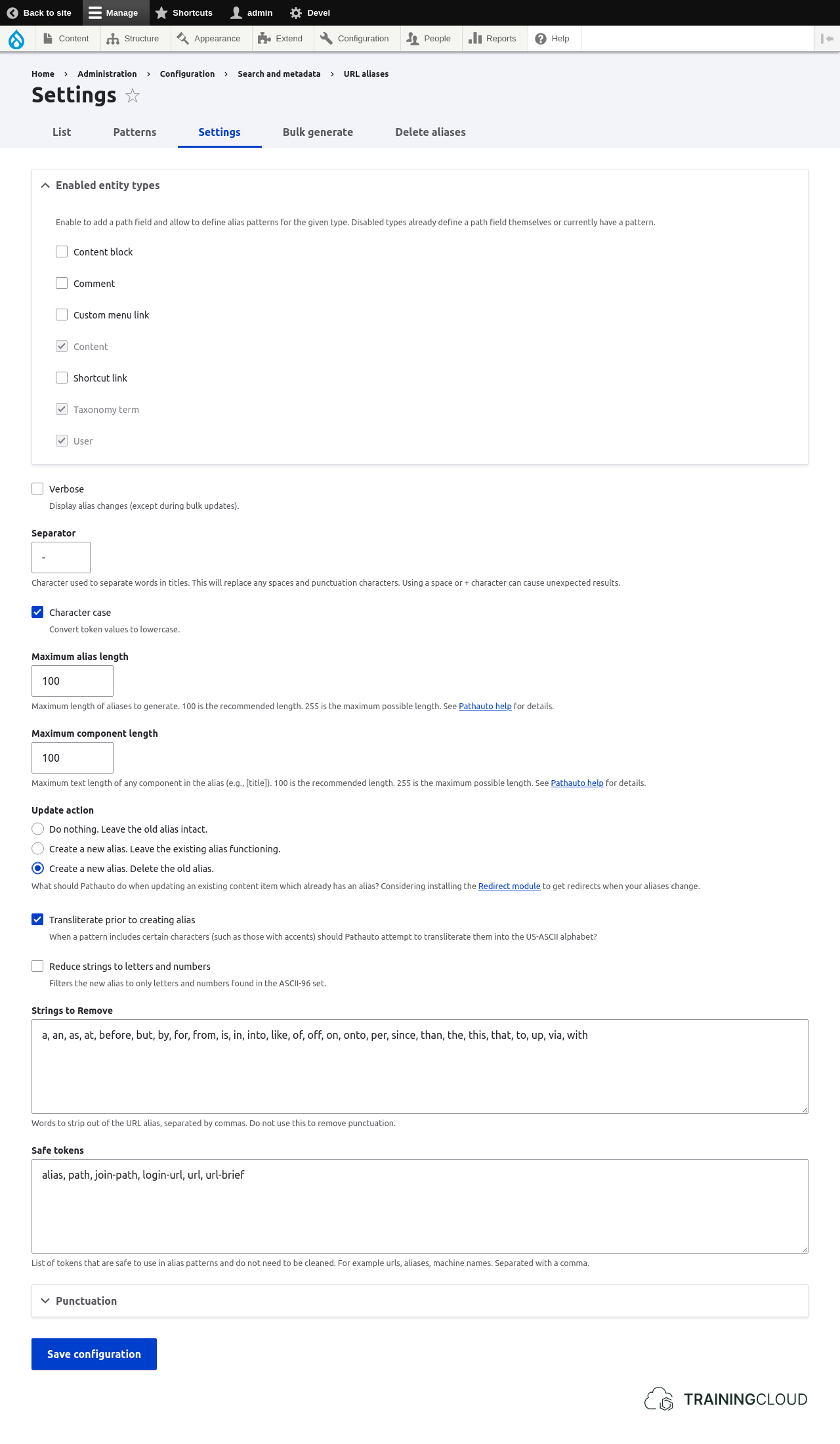 A screenshot of the Drupal 10 pathauto settings page.