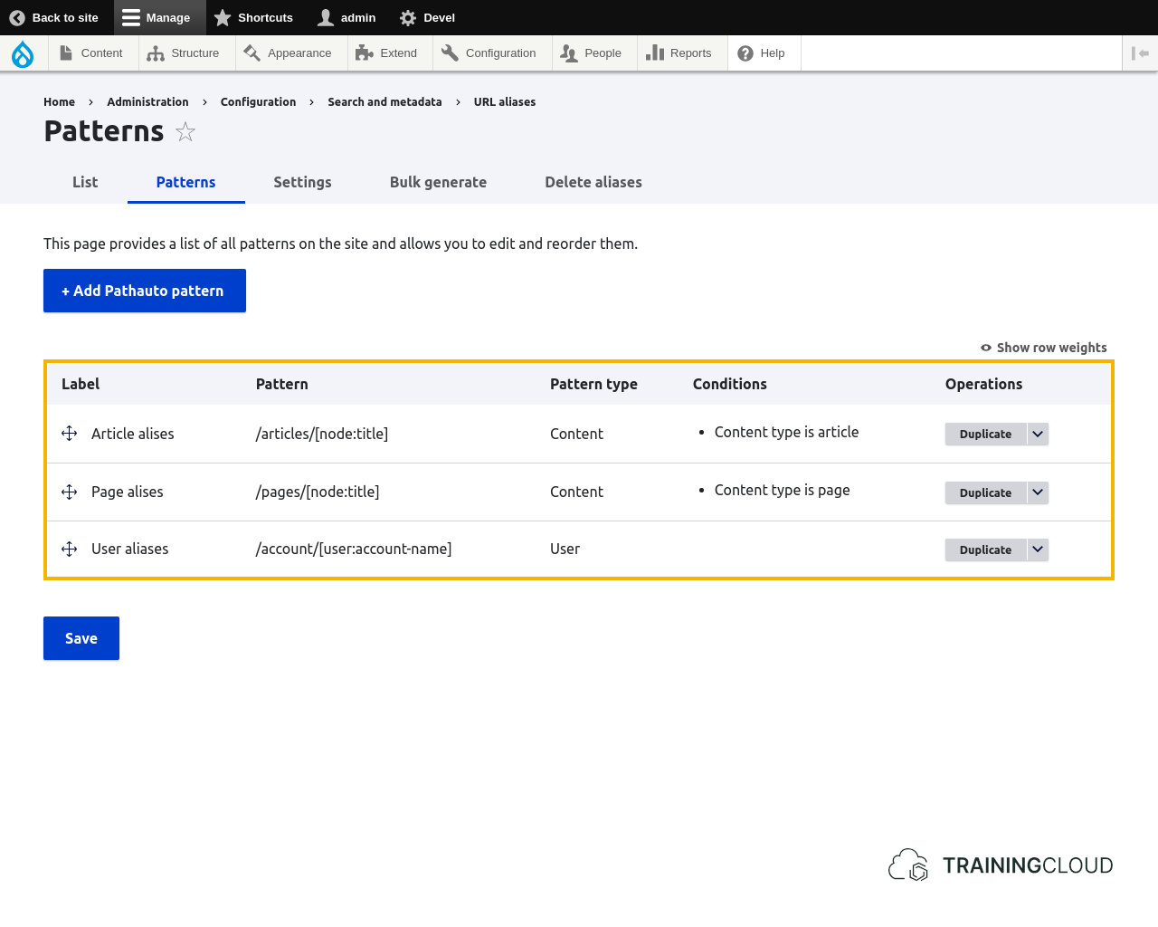 A screenshot of some highlighted Drupal 10 pathauto paterns.