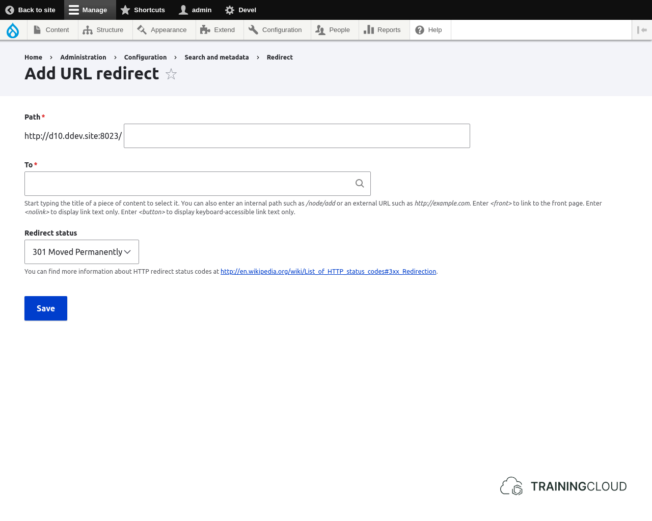A screenshot of the Add new redirect options using the redirect module in Drupal 10.